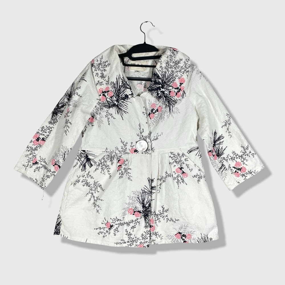 Jill Dufau Textured Floral‎ Coat Women XS White Pink Pine Needle Mod Cottagecore